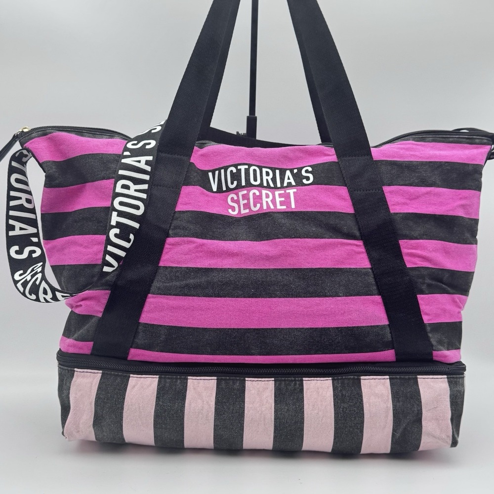 Victoria's Secret Pink Black Stripe Expandable Weekender Duffle Travel Bag Cross
